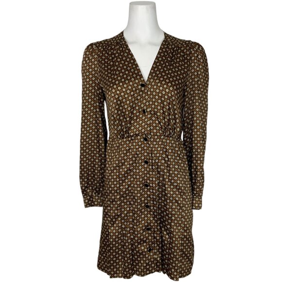 Sandro Short Printed Dress 36 Brown Floral Long Sleeve Button Front Classic - Picture 1 of 12